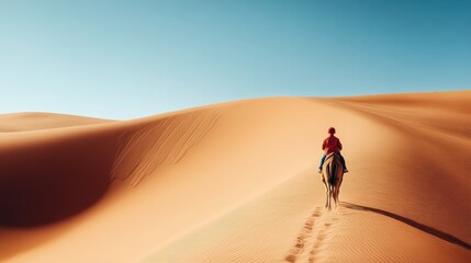 A lone rider traverses expansive, golden sand dunes under a clear blue sky, representing solitude, adventure, and the serene beauty of nature.