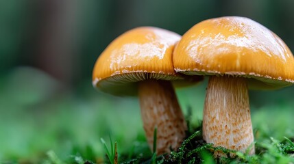 A close-up of two vibrant yellow mushrooms growing on the lush green moss, showcasing nature's beauty and intricate details of the forest floor.