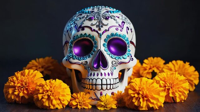 Colorful Sugar Skull Decorated with Marigolds, Celebrating Dia de los Muertos and Mexican Traditions, Festive Holiday Still Life.