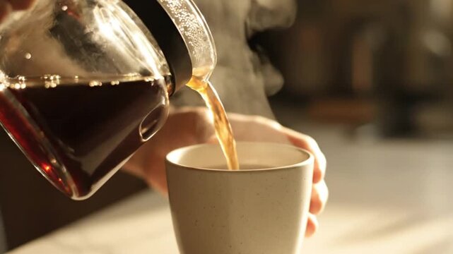 Close-up of hands pouring freshly brewed coffee from glass pot into ceramic mug, steam rising softly and illuminated by warm morning sunlight, shallow depth of field