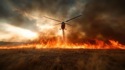 Obraz premium A helicopter hovers over a blazing wildfire, with thick smoke billowing behind, epitomizing the fierce struggle against nature and the challenges of fire control.