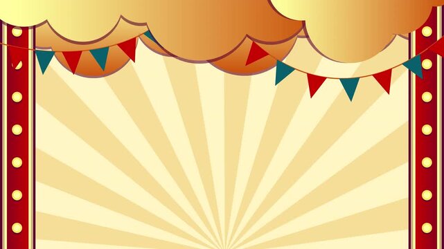 Playful Carnival Circus Stage Frame with Bunting Flags, Retro Sunburst Background and Empty Space for Text