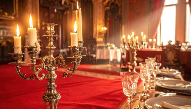 Antique Silver Candelabras with Flickering Flames Illuminate an Opulent Hallway Setting