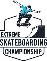 Extreme Skateboarding Championship Logo with Skater Performing Trick on Ramp Vector Illustration © SAIF820