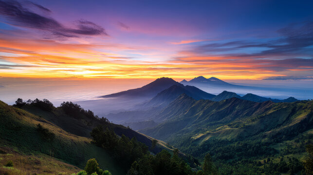 Mountain view above clouds flowers and blooming bushes at sunset sunbeams. Calm close-up beautiful landscape, screensaver background, Beautiful panorama. Summer vacation, holiday, amazing nature.