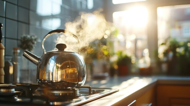 A shiny kettle emits steam atop a stove in a sunlit kitchen, embodying warmth, home-cooked meals, and the comforting essence of daily life captured in soft morning light.