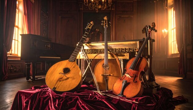A curated collection of antique stringed musical instruments including a lute, viola, cello, and harpsichord arranged indoors