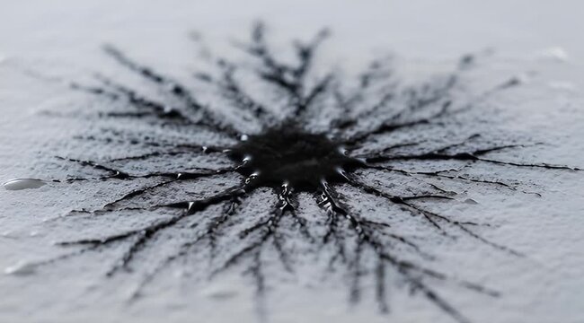 Close up of black liquid radiating on textured white surface like branches