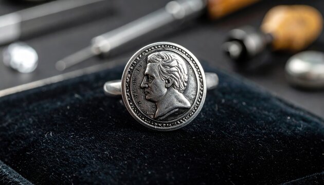 Detailed Silver Intaglio Ring Featuring a Carved Profile Portrait and Intricate Detailing