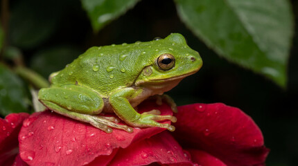 Obraz premium Vivid green tree frog resting on deep red rose petal with rain droplets in lush garden close up