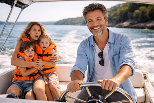 Happy middle-aged man steering a small motor boat while frightened wife holds and protects children in life jackets behind him, strong emotional contrast, family boating moment on sunny water.