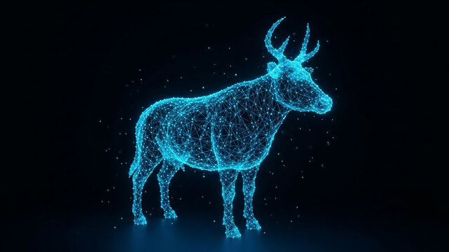 Abstract Digital Blue Wireframe of a Deer Stag with Glowing Plexus Network Lines and Dots on Black Background