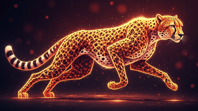 Energetic glowing cheetah rendered with a digital polygonal pattern against a dark background