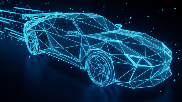 Futuristic Blue Wireframe Sports Car Speeding Through Digital Space with Motion Light Trails and Glowing Particles