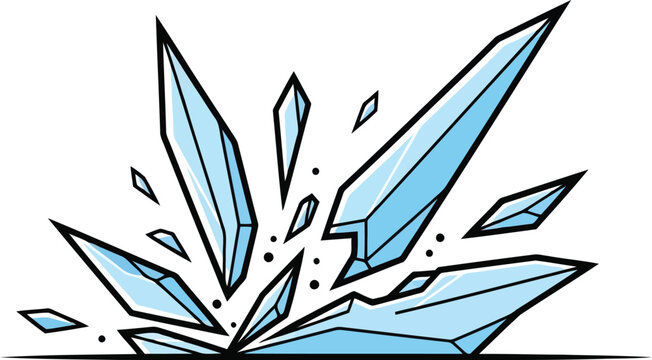 Vector illustration of shattered blue glass shards isolated on white background for design and animation