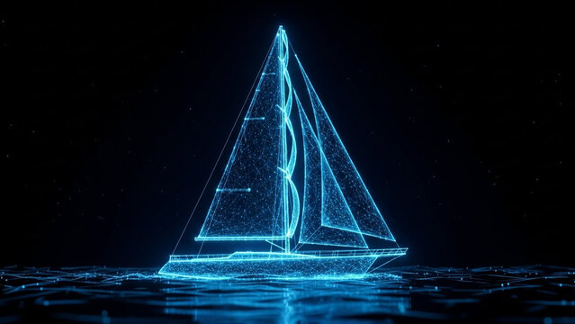Futuristic Glowing Blue Wireframe Sailboat on a Digital Ocean, Abstract 3D Render of a Yacht Made of Light and Data