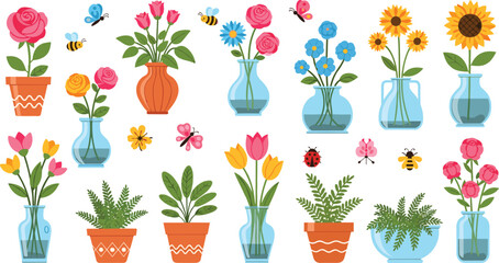 Colorful flowers in pots and glass vases vector collection with bees butterflies ladybug and garden botanical plants illustration set © Momota