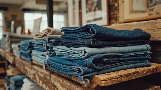 Stacked Blue Denim Jeans on Rustic Wooden Shelf, Textile Sample, Raw Material, Fashion Industry, Sustainable Clothing, Craftsmanship.