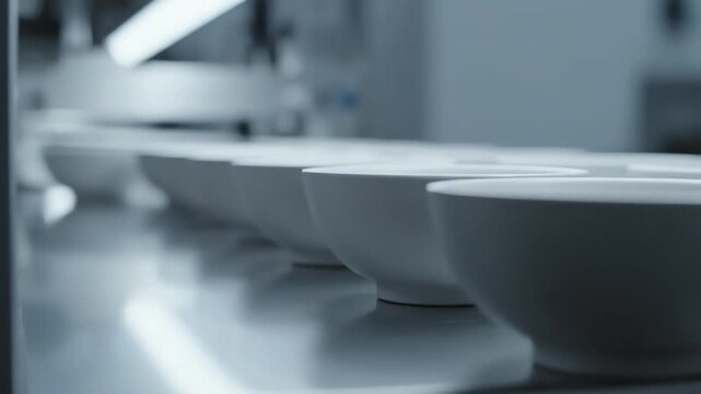 Identical White Bowls Arranged in a Clean Kitchen Row