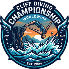 Cliff Diving Championship Badge Logo, Extreme Sports Event Emblem, Athletic Competition Design © SAIF820