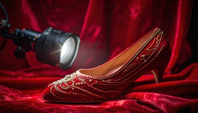 Ornate beaded velvet slipper showcased with intricate patterns and sparkling embellishments in a luxurious setting