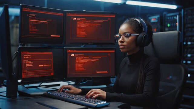 Focused Female Cybersecurity Analyst Monitoring Network Traffic and System Performance in a Modern Data Center Environment.