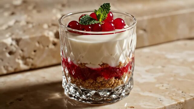 Layered Berry Dessert in a Glass with Mint Garnish