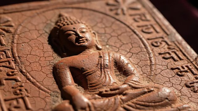 Close up of an antique terracotta Buddha statue in a meditative pose with Sanskrit script detail and dramatic lighting highlighting textured surface and cracked finish