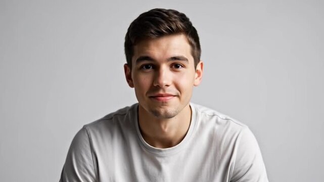 Young man in a white tee shirt looking towards the camera studio portrait
