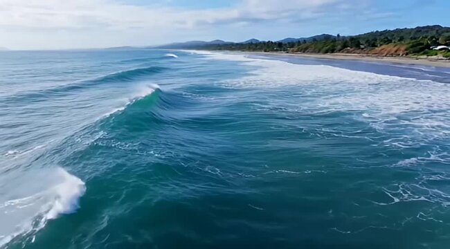 Overhead view captures the grandeur of ocean waves crashing on a sandy beach