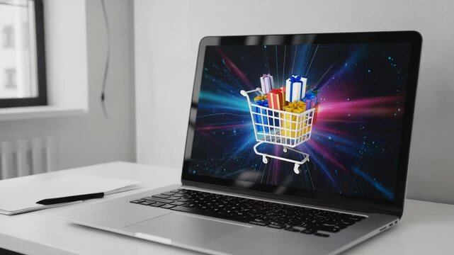 Modern Workspace with Laptop, Notebook, and Gift Box - Minimalist Desk Setup for Productivity and Creativity.