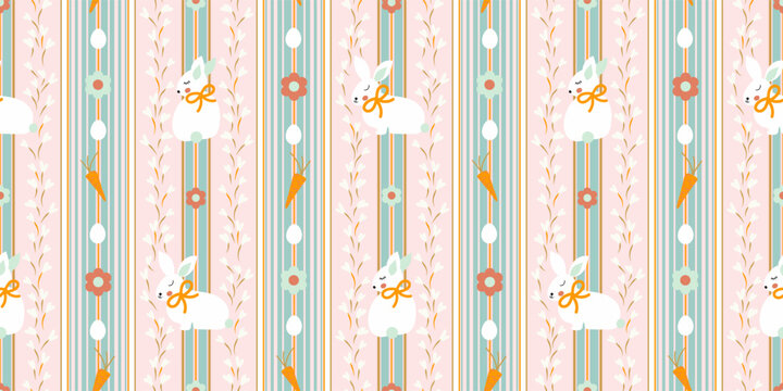 Cute spring, cottagecore farmhouse concept Easter bunny seamless pattern with hand drawn ditsy flowers, eggs, carrots and striped ribbon on whimsical pink background for fabric, wallpaper, stationery