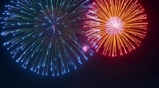 Magnificent display of two colorful fireworks exploding in a dark night sky