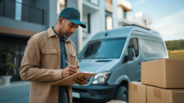 Delivery driver checking packages by cargo van, Concept of logistics management, parcel delivery service
