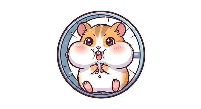 Cute cartoon hamster running in exercise wheel with puffed cheeks and happy smiling face