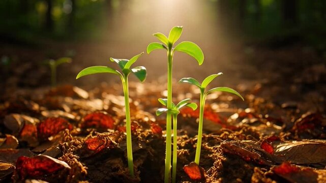 Young plants emerging through forest floor covered in autumn leaves