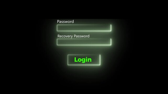 Animated neon login form with username and password fields on black background, motion graphic 4k video animation..