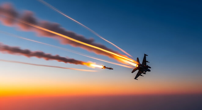A fighter jet launches a missile against a vibrant sunset sky, leaving fiery trails.