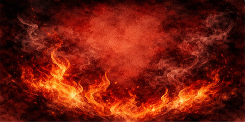 Fototapeta premium A powerful blazing inferno with fiery orange flames and red energy exploding against a black background creates a hot burning light with smoke and intense heat