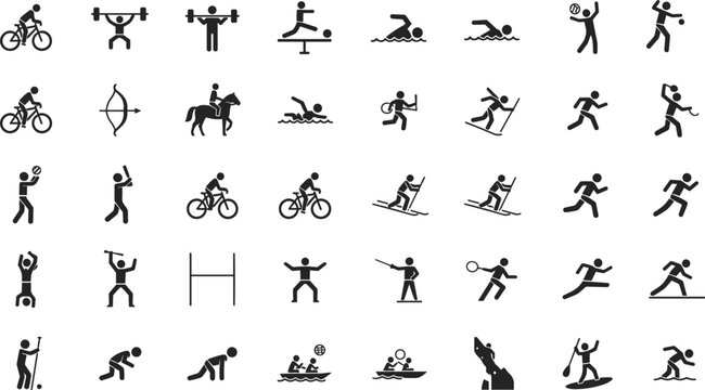 Mega collection of sports pictograms and athletic activity stick figures set for various outdoor and indoor physical exercise icons,