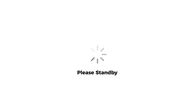 Please standby text with loading spinner icon animation, representing technical delays, software updates,and motion background 4k video animation..