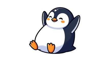 Fototapeta premium Cute chubby penguin character sitting with open wings and a happy smiling face expression
