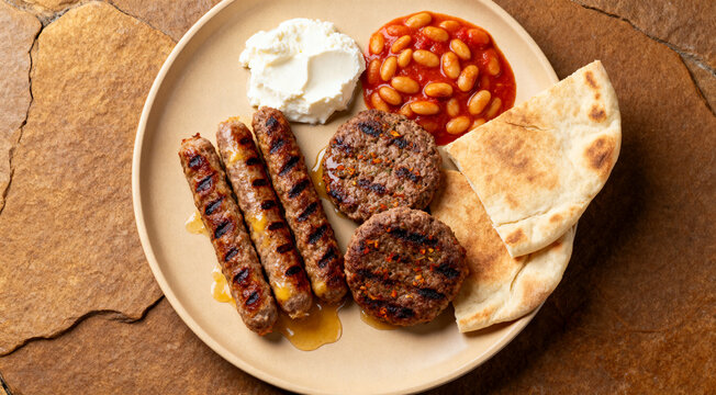 Top view of a beige round tray filled with grilled cevapcici, pljeskavica, kajmak, prebranac beans and pita bread on brown stone surface.