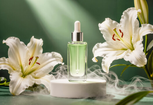 Siero contagocce verde su podio bianco con gigli bianchi e fumo
