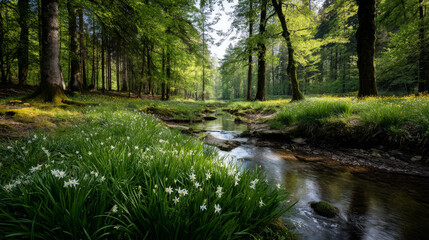 Beautiful forest background for screensaver. with sunbeams. Calm close-up of fairytale forest and nature landscape, panorama. Summer vacation, holiday, amazing nature.