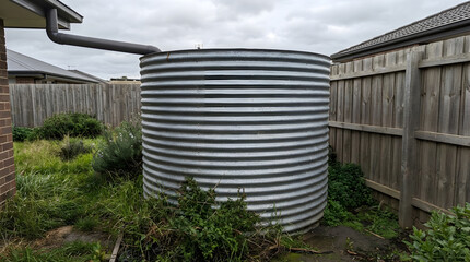 Sustainable rainwater harvesting system garden enhancing eco-friendly living practices in a suburban backyard