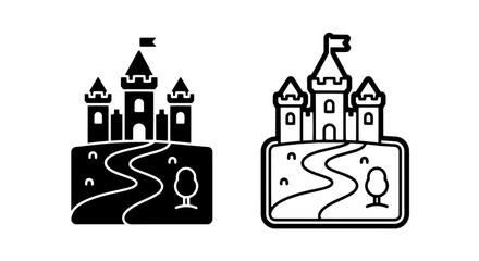 Fototapeta premium Medieval castle on hill with path icons in solid and outline styles