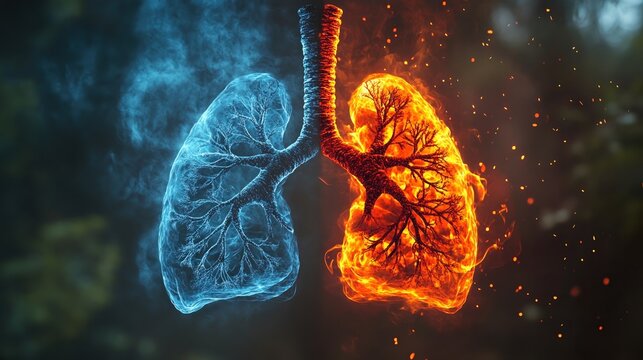 Lungs in the Fire and Ice: An artistic representation of lungs, split into halves with fiery and icy elements, symbolizing the dichotomy of breath and health. 