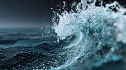 Visualization shows structured grid stabilizing after wave impact, highlighting crisis management concepts in a professional manner.