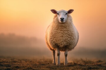 Fototapeta premium Single white sheep standing alone in misty field at warm golden sunrise looking at camera
